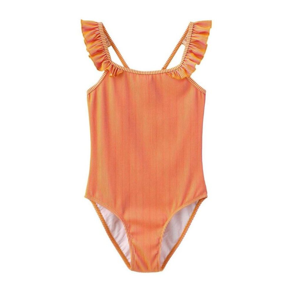 Star Girls Contrast Striped Ruffles One Piece Bathing Suit / Pink/Orange